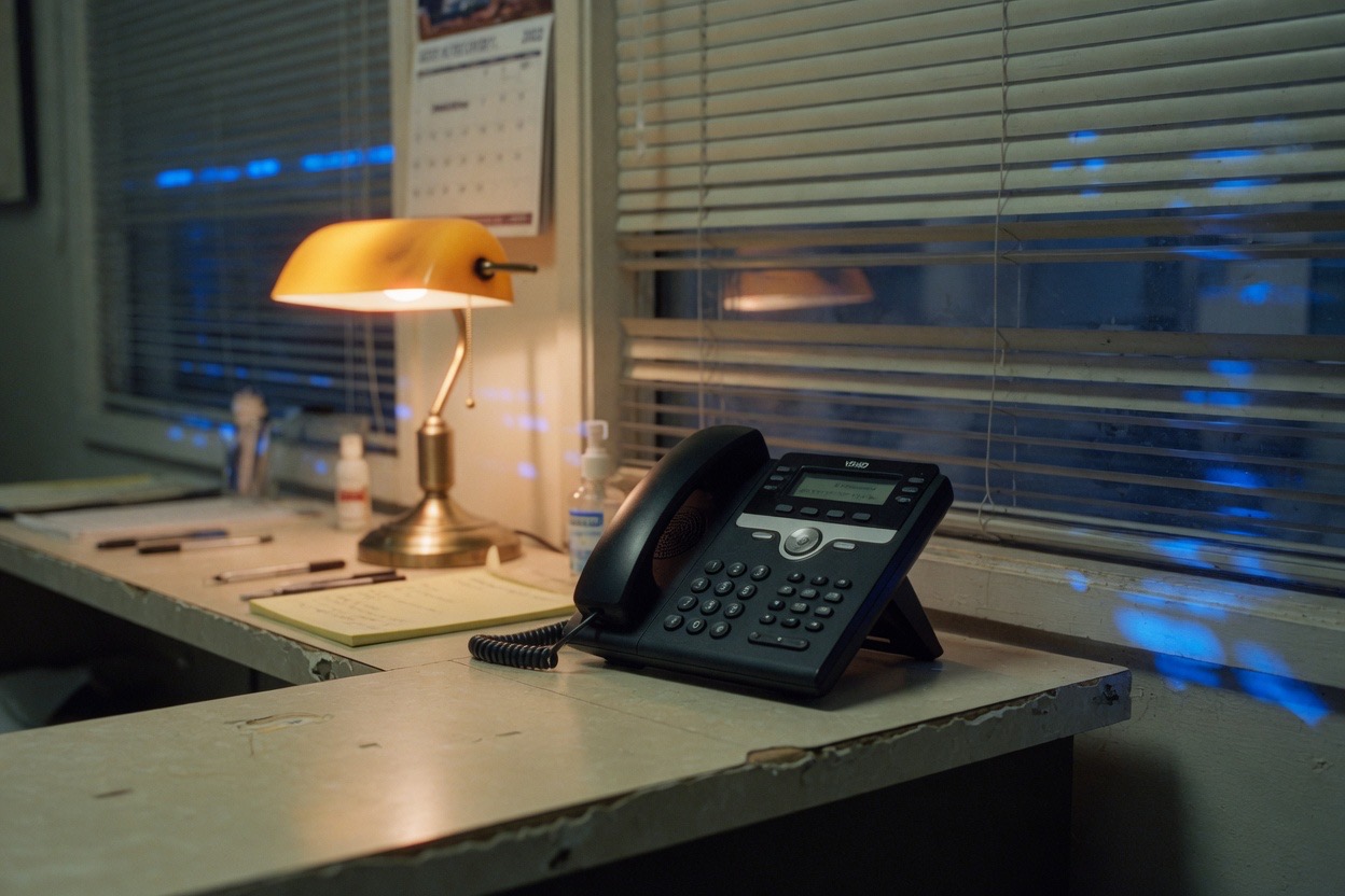 A 3CX desk phone on a worn office counter at night, banker's lamp still on.