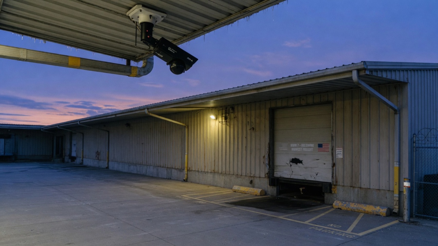 A turret camera under a warehouse eave at dusk, aimed at a loading dock.
