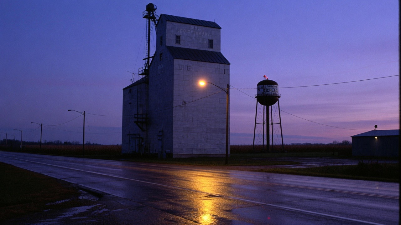 Grain elevator and water tower at blue hour on a wet Ohio road.