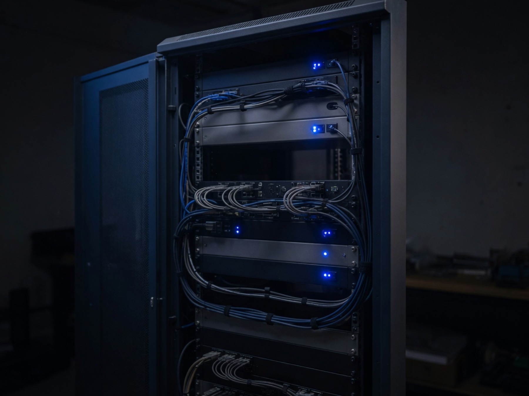 An open server rack with tidy cabling and status lights in a shop.