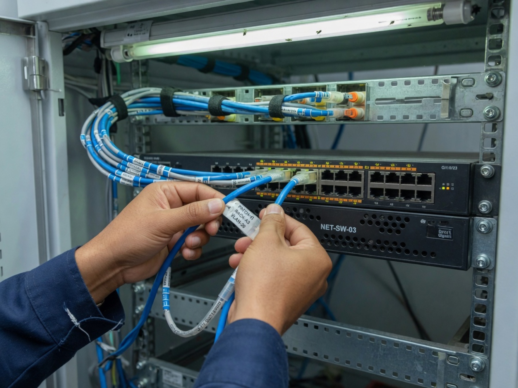 A technician seating a labeled ethernet cable in a network switch.